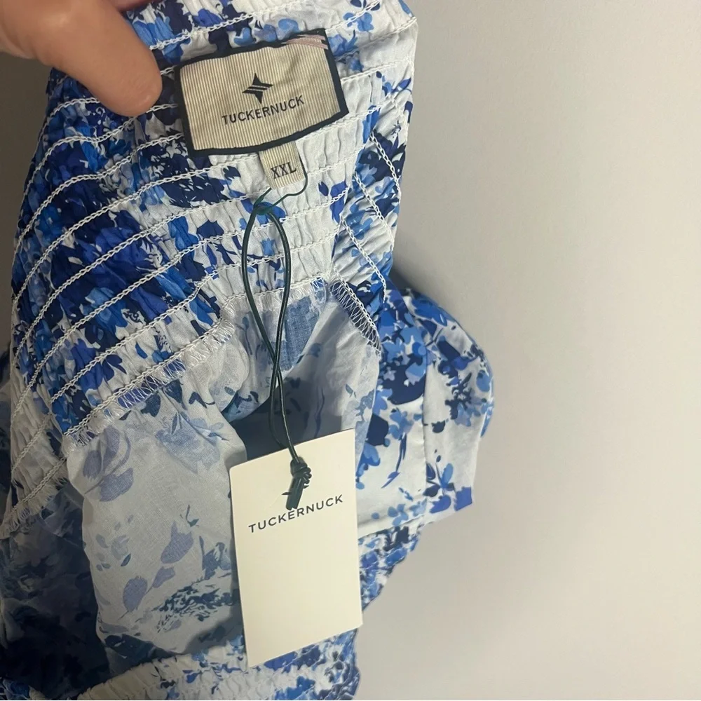 Tuckernuck Blue and White Floral Smocked Square-Neck Blouse